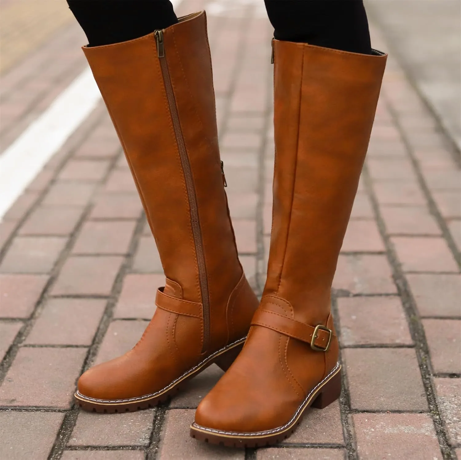 Lausiuoe Boots For Women Knee High Wide Width Cowboy Cowgirl Western Boots Low Heel Wide Calf Fashion Boot Pull-On