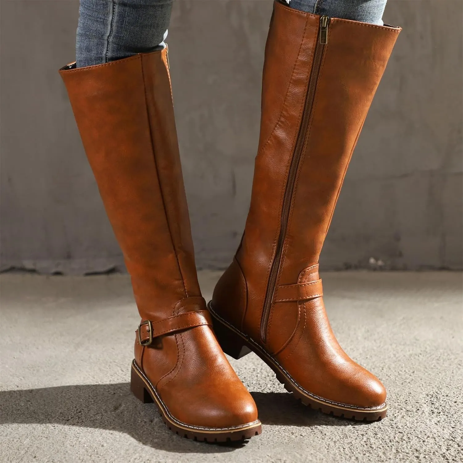 Lausiuoe Boots For Women Knee High Wide Width Cowboy Cowgirl Western Boots Low Heel Wide Calf Fashion Boot Pull-On