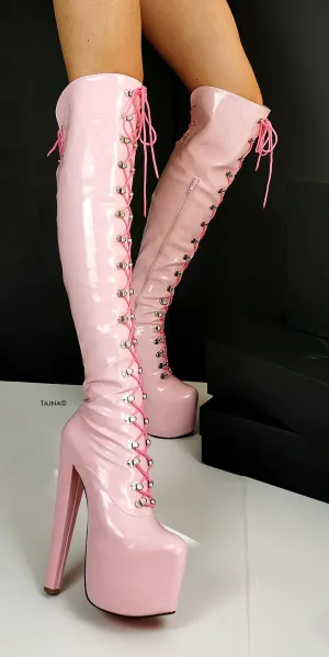 Light Pink Patent Military Style Lace Up Boots