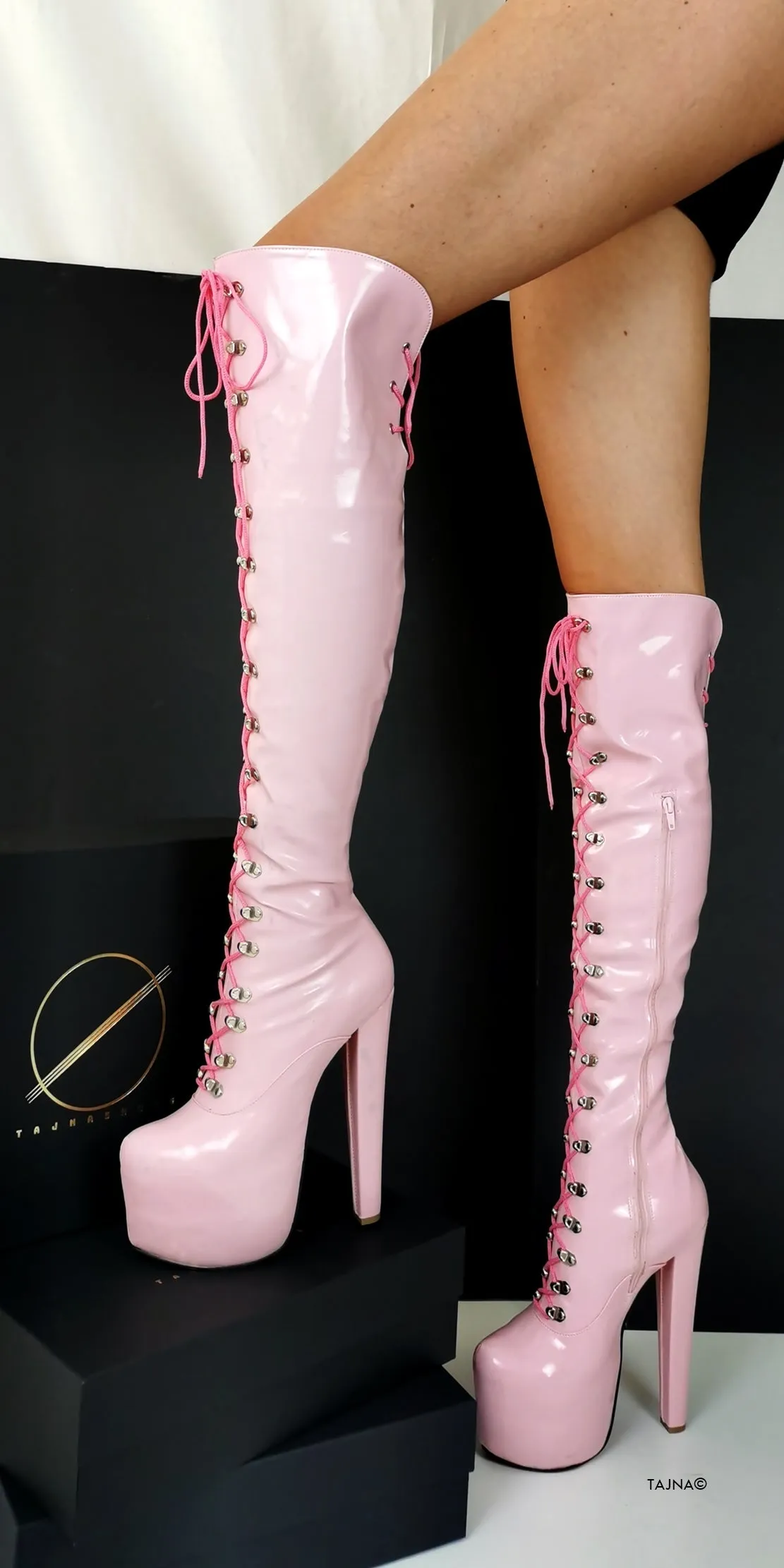 Light Pink Patent Military Style Lace Up Boots