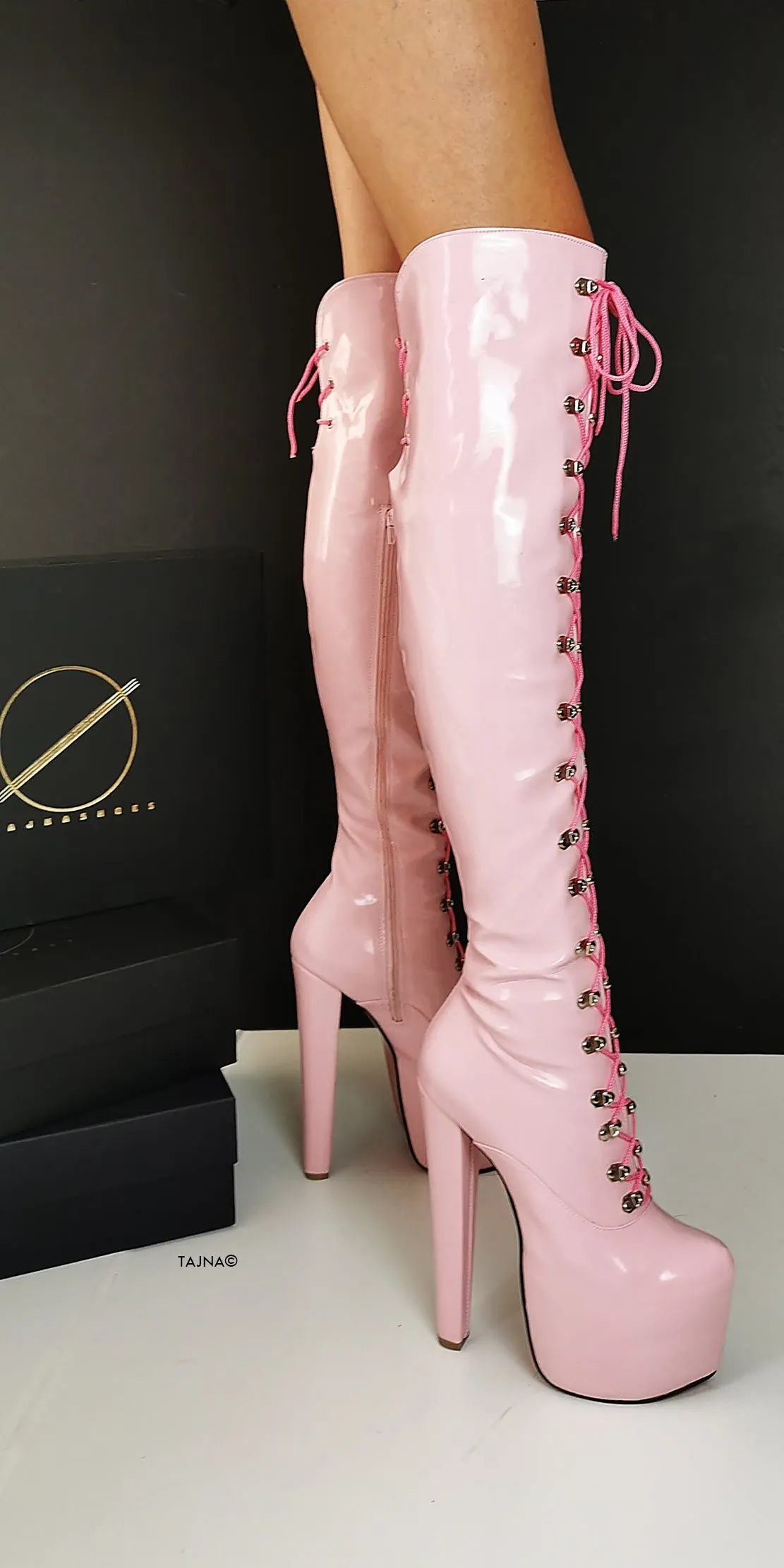 Light Pink Patent Military Style Lace Up Boots