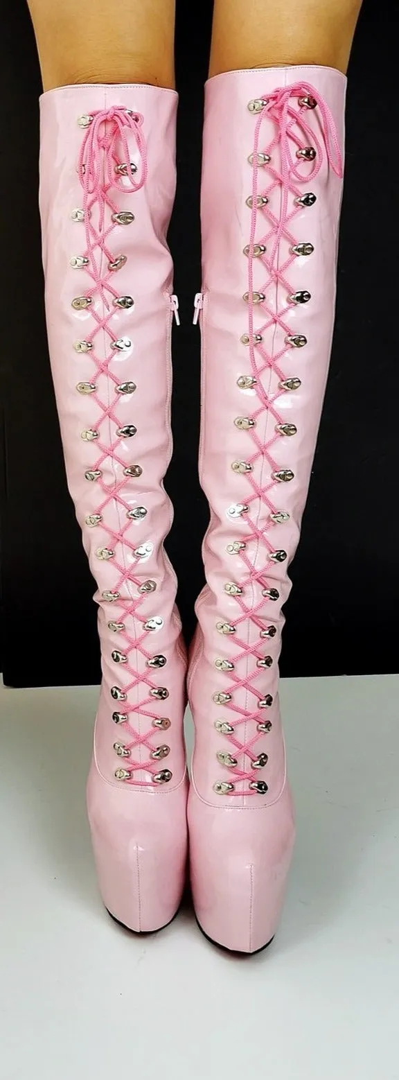 Light Pink Patent Military Style Lace Up Boots