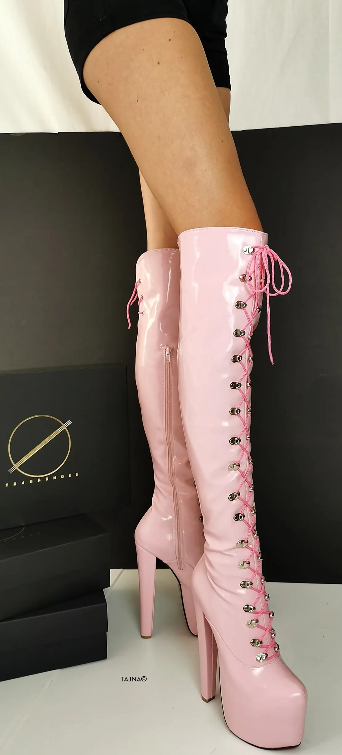 Light Pink Patent Military Style Lace Up Boots