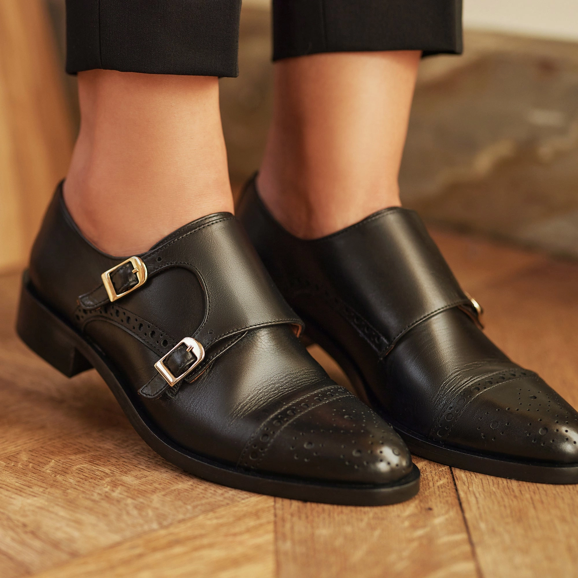 teenagers' trends Neutral Vend?me Sophie black calfskin leather double monk shoes