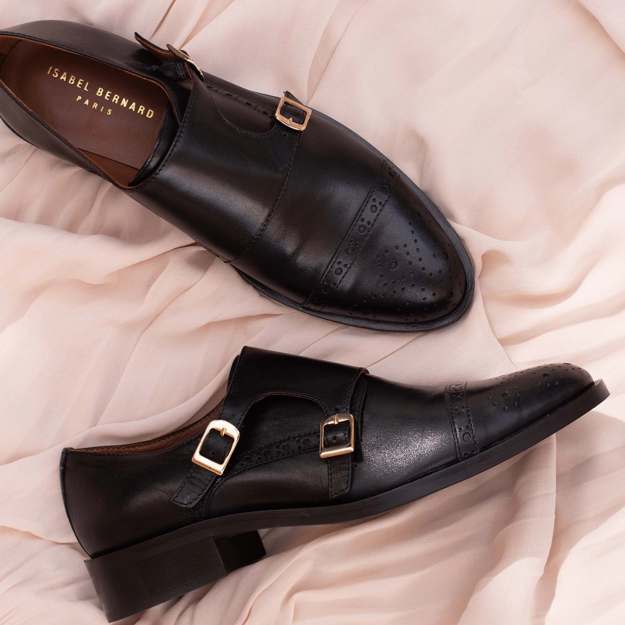 Vend?me Sophie black calfskin leather double monk shoes Slip Resistant Grooves