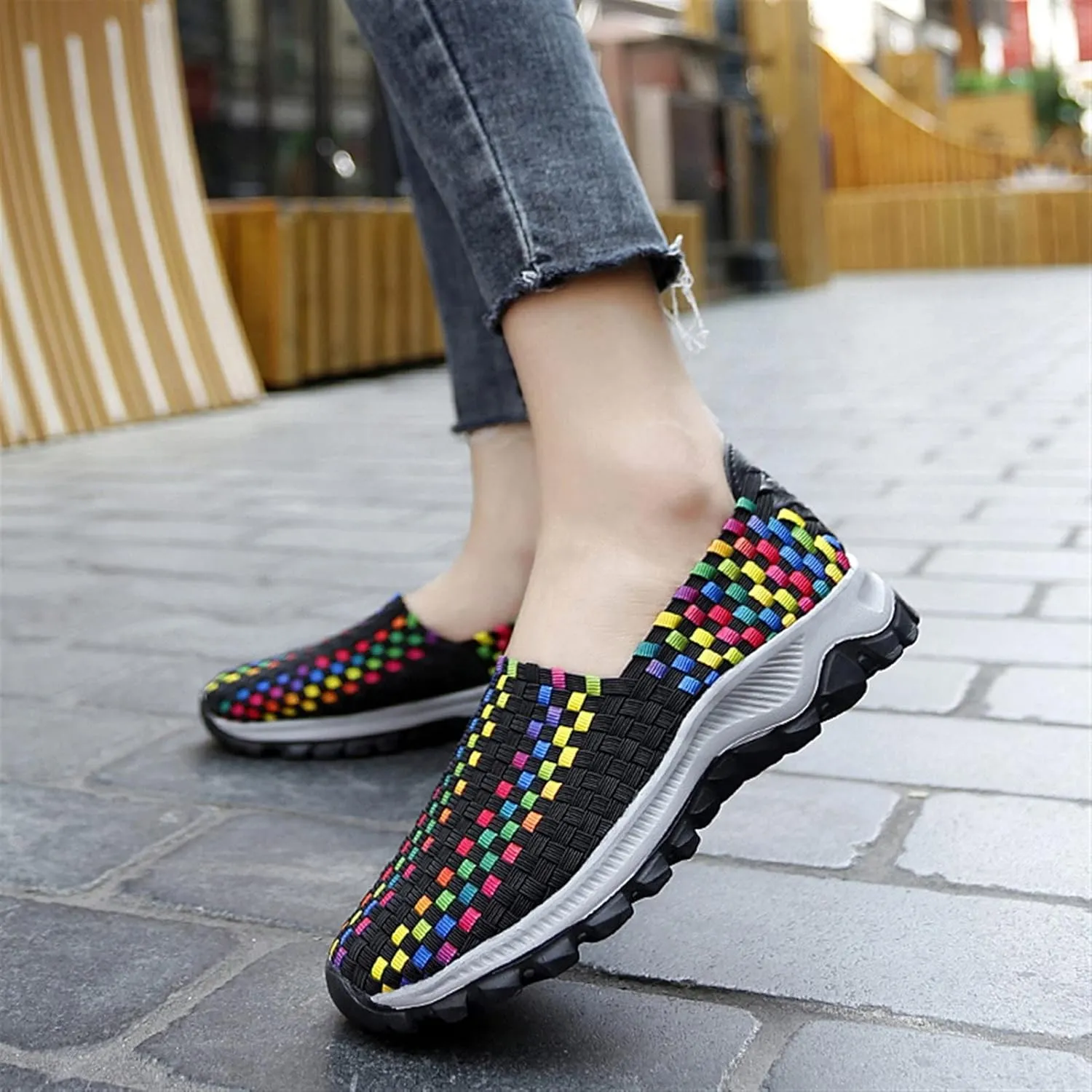 Liup Women's Elastic Woven Walking Shoes Slip on Sneakers Lightweight Woven Flats with Stretchy Upper