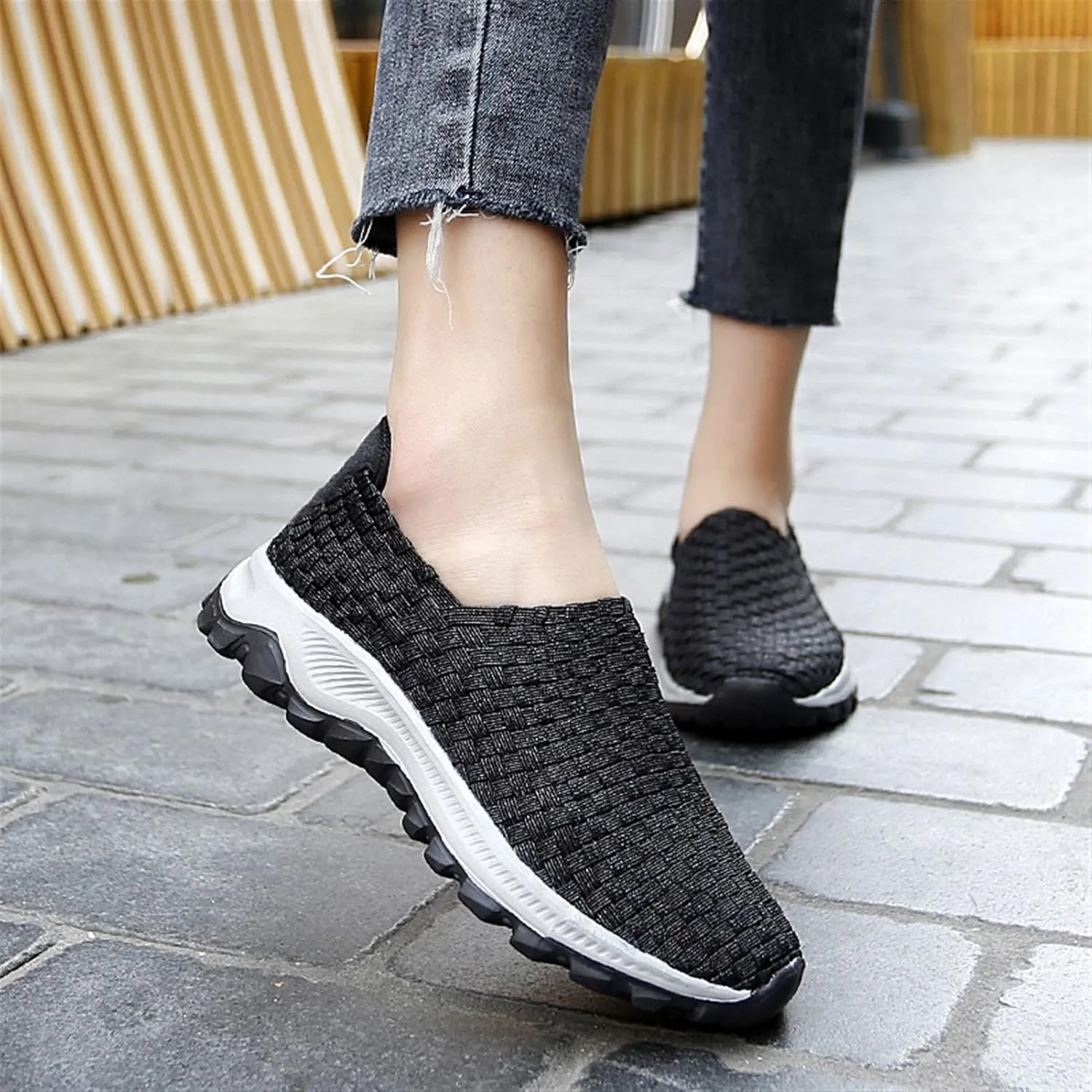 Liup Women's Elastic Woven Walking Shoes Slip on Sneakers Lightweight Woven Flats with Stretchy Upper