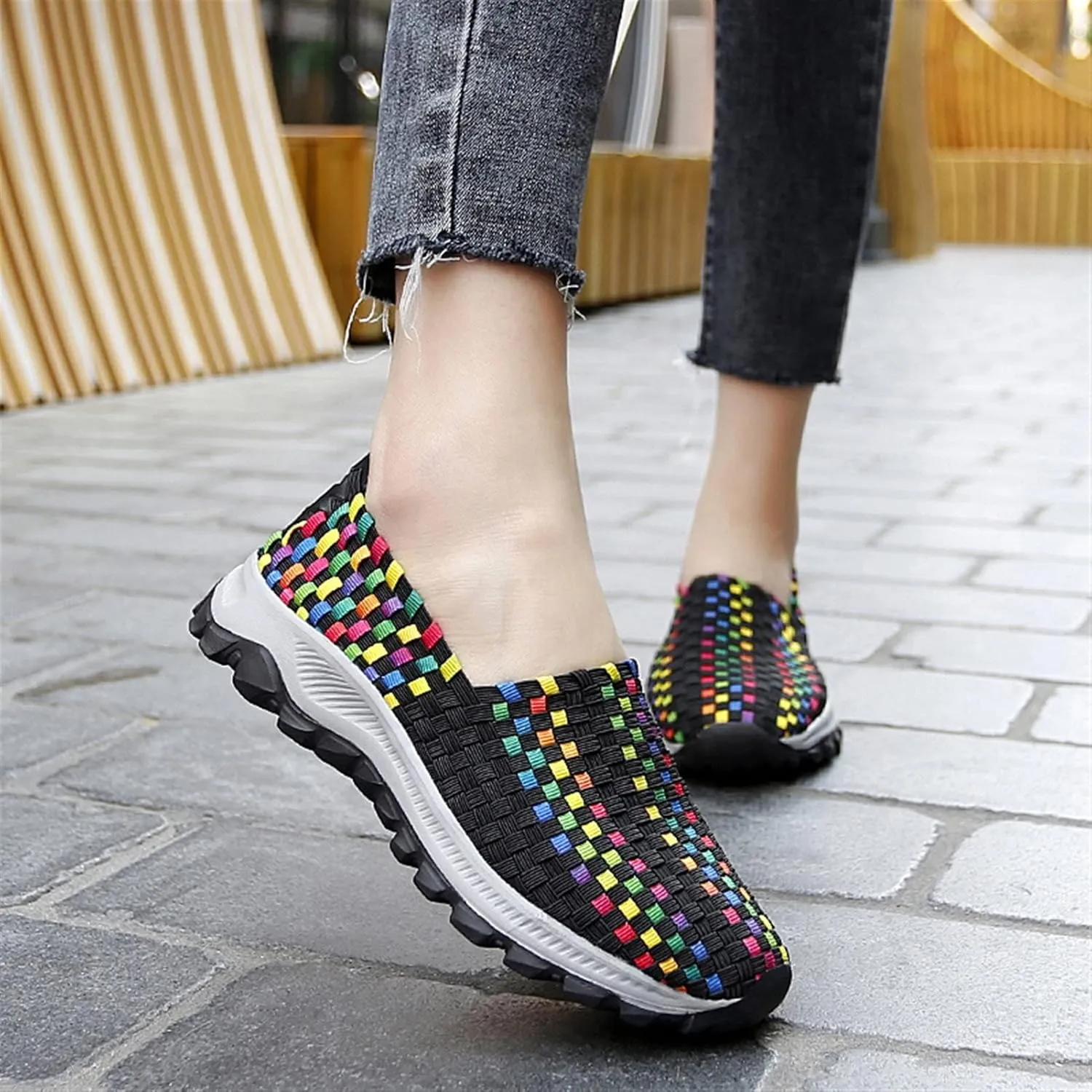 Liup Women's Elastic Woven Walking Shoes Slip on Sneakers Lightweight Woven Flats with Stretchy Upper