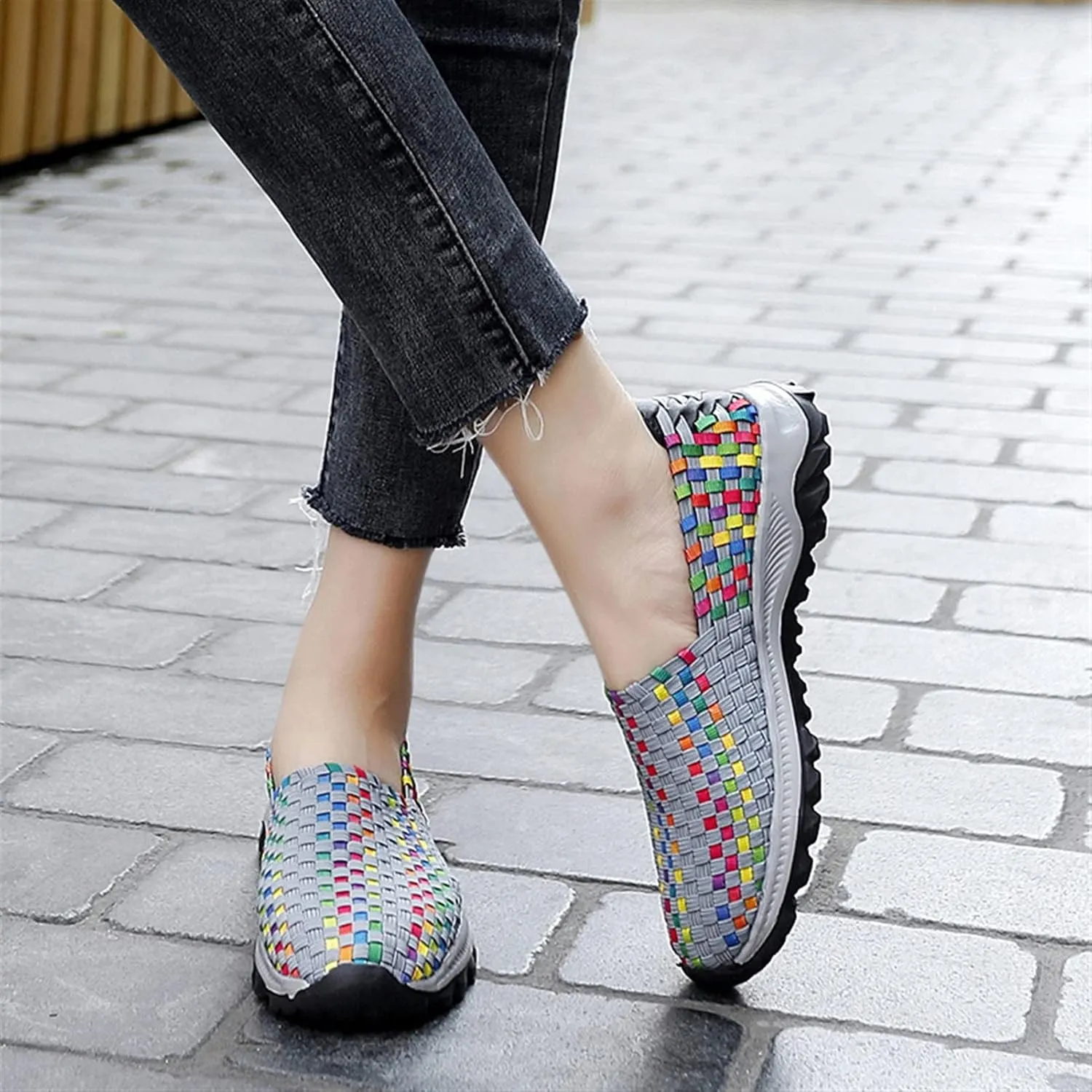 Liup Women's Elastic Woven Walking Shoes Slip on Sneakers Lightweight Woven Flats with Stretchy Upper