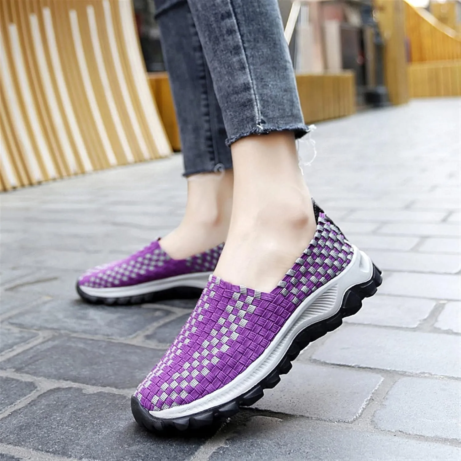 Liup Women's Elastic Woven Walking Shoes Slip on Sneakers Lightweight Woven Flats with Stretchy Upper