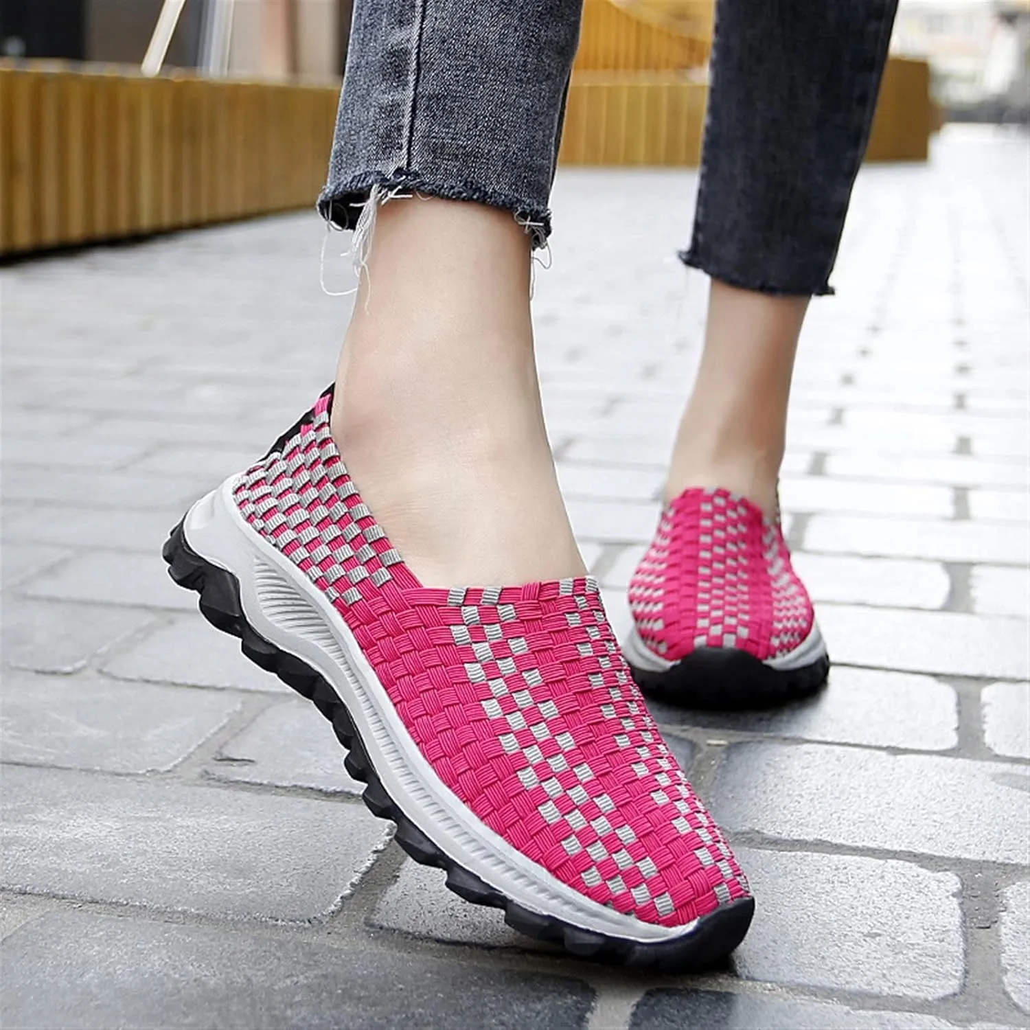 Liup Women's Elastic Woven Walking Shoes Slip on Sneakers Lightweight Woven Flats with Stretchy Upper