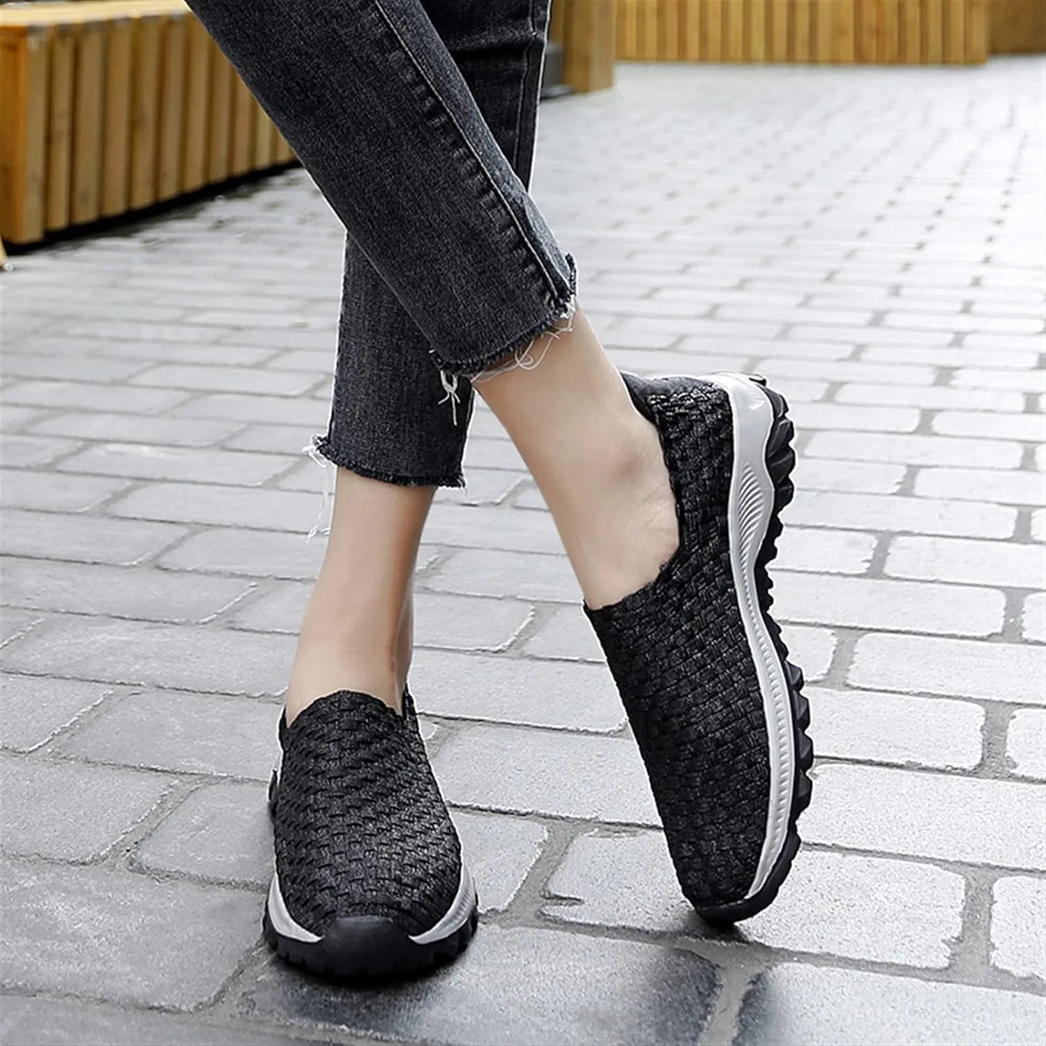 Liup Women's Elastic Woven Walking Shoes Slip on Sneakers Lightweight Woven Flats with Stretchy Upper
