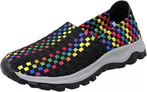 Liup Women's Elastic Woven Walking Shoes Slip on Sneakers Lightweight Woven Flats with Stretchy Upper