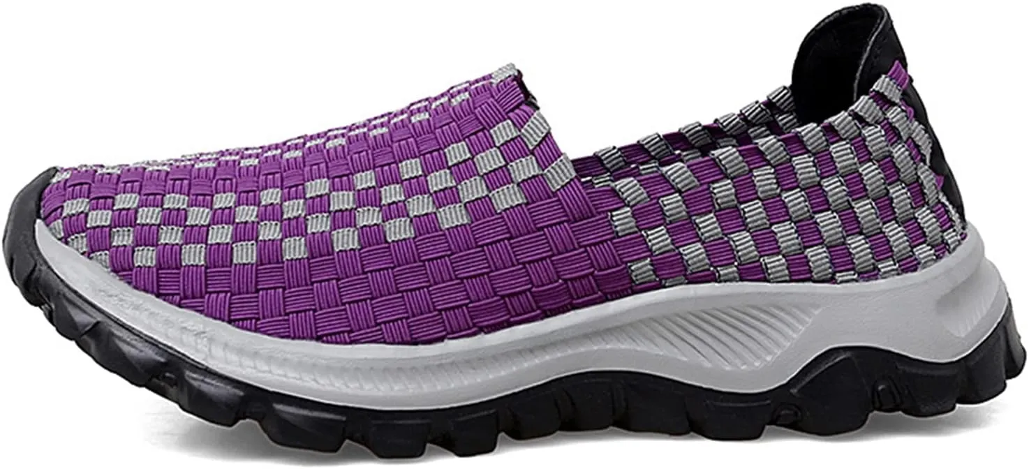 Liup Women's Elastic Woven Walking Shoes Slip on Sneakers Lightweight Woven Flats with Stretchy Upper