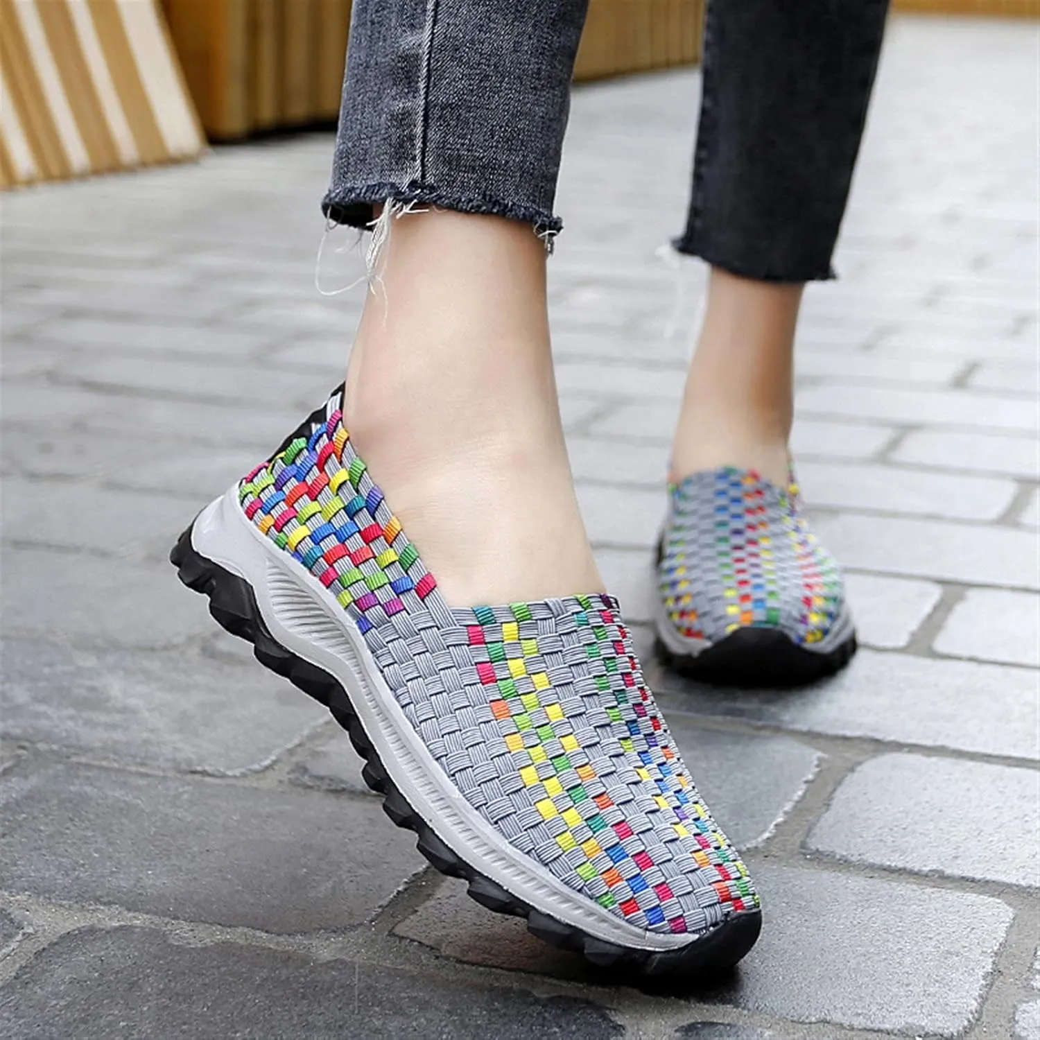 Liup Women's Elastic Woven Walking Shoes Slip on Sneakers Lightweight Woven Flats with Stretchy Upper
