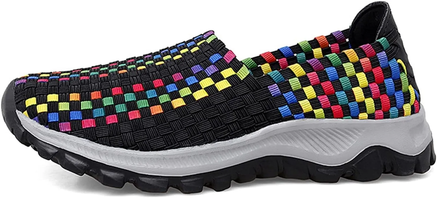 Liup Women's Elastic Woven Walking Shoes Slip on Sneakers Lightweight Woven Flats with Stretchy Upper