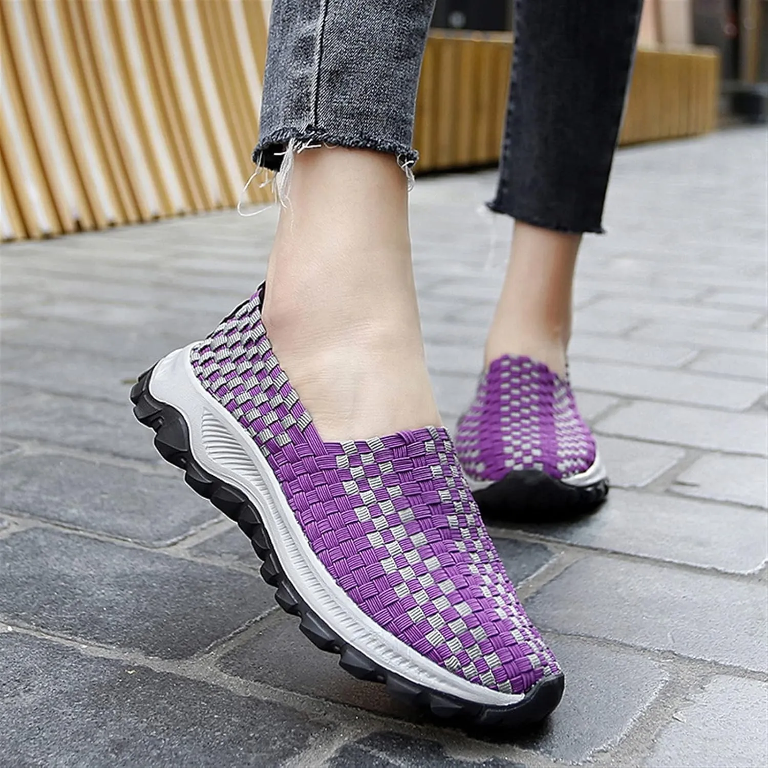 Liup Women's Elastic Woven Walking Shoes Slip on Sneakers Lightweight Woven Flats with Stretchy Upper