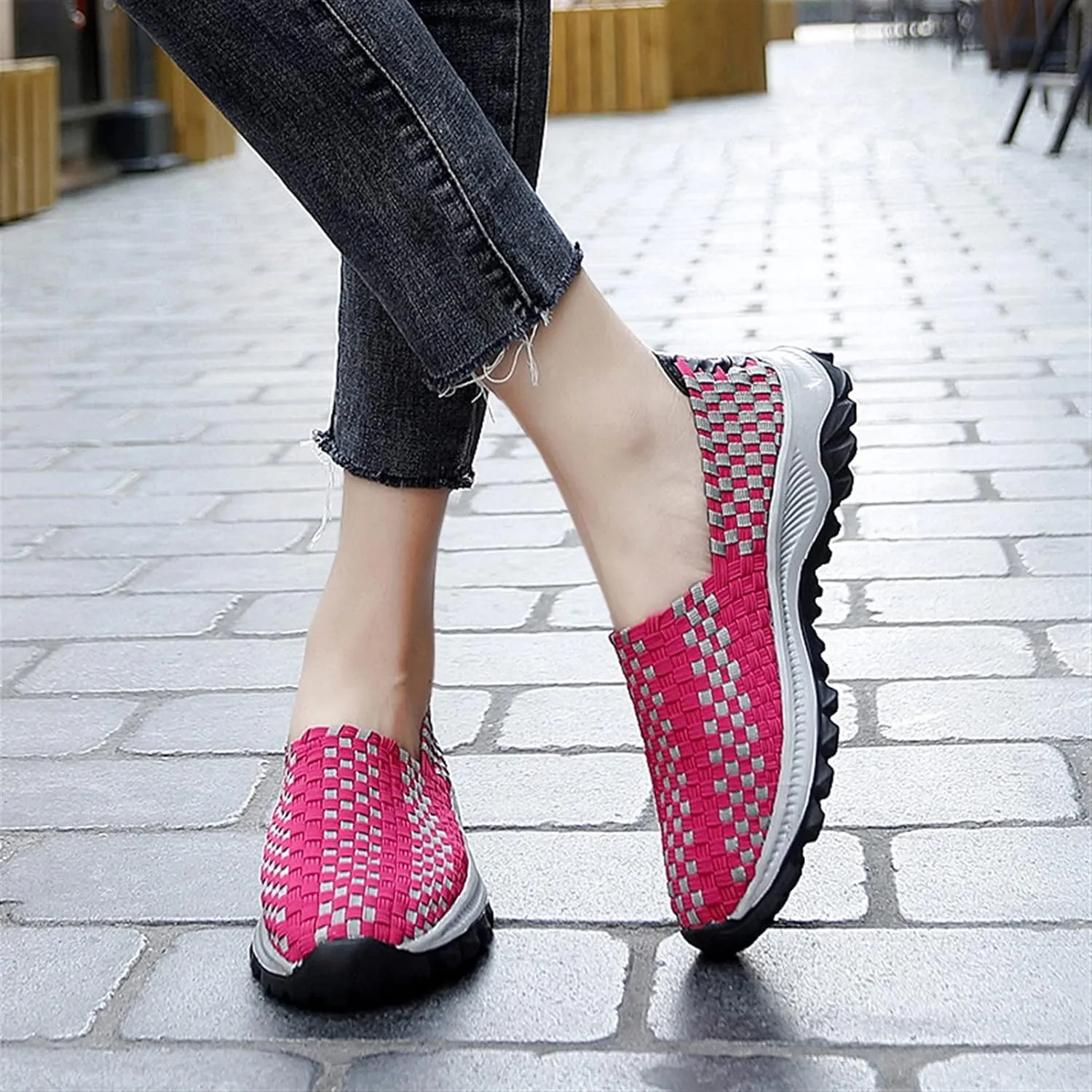 Liup Women's Elastic Woven Walking Shoes Slip on Sneakers Lightweight Woven Flats with Stretchy Upper