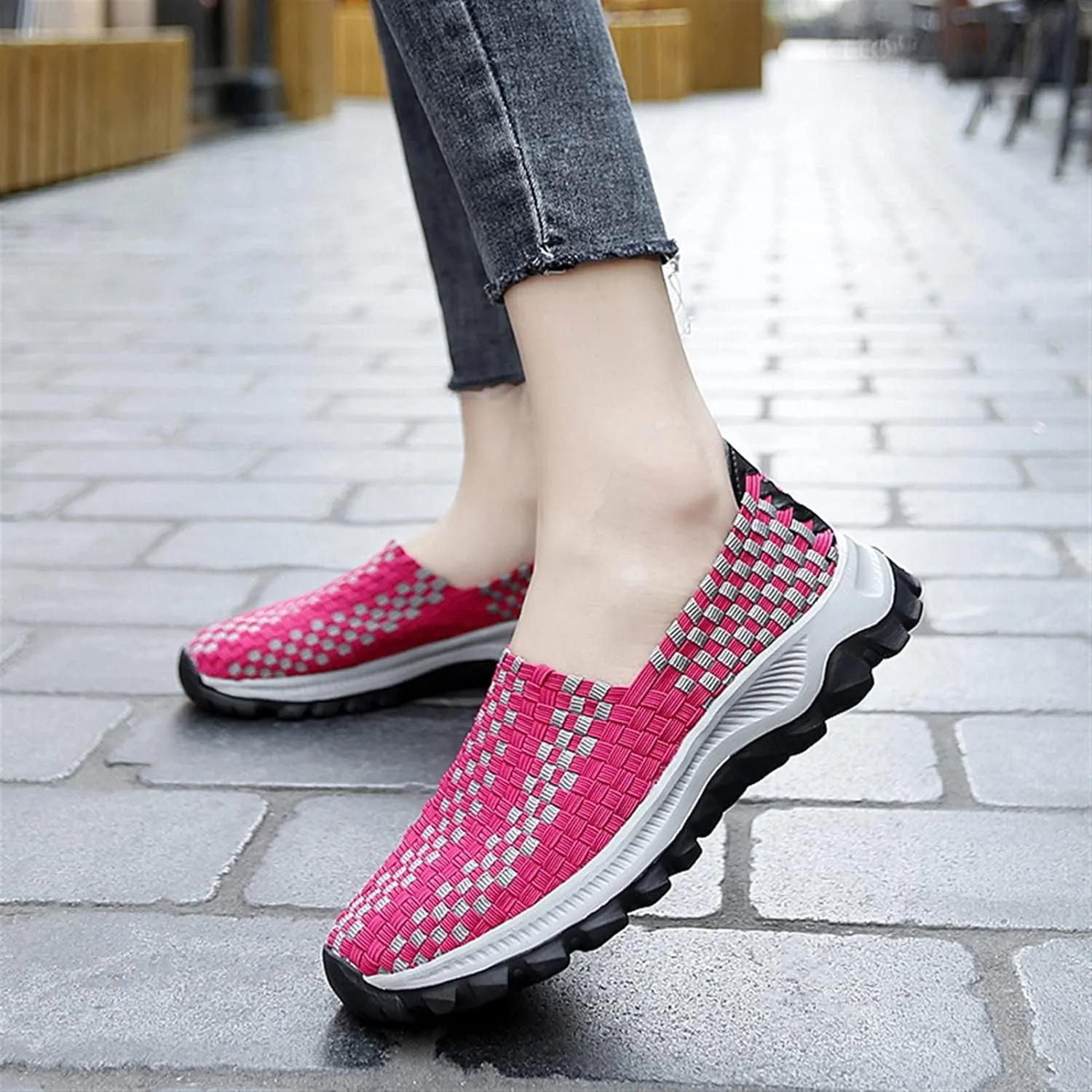 Liup Women's Elastic Woven Walking Shoes Slip on Sneakers Lightweight Woven Flats with Stretchy Upper