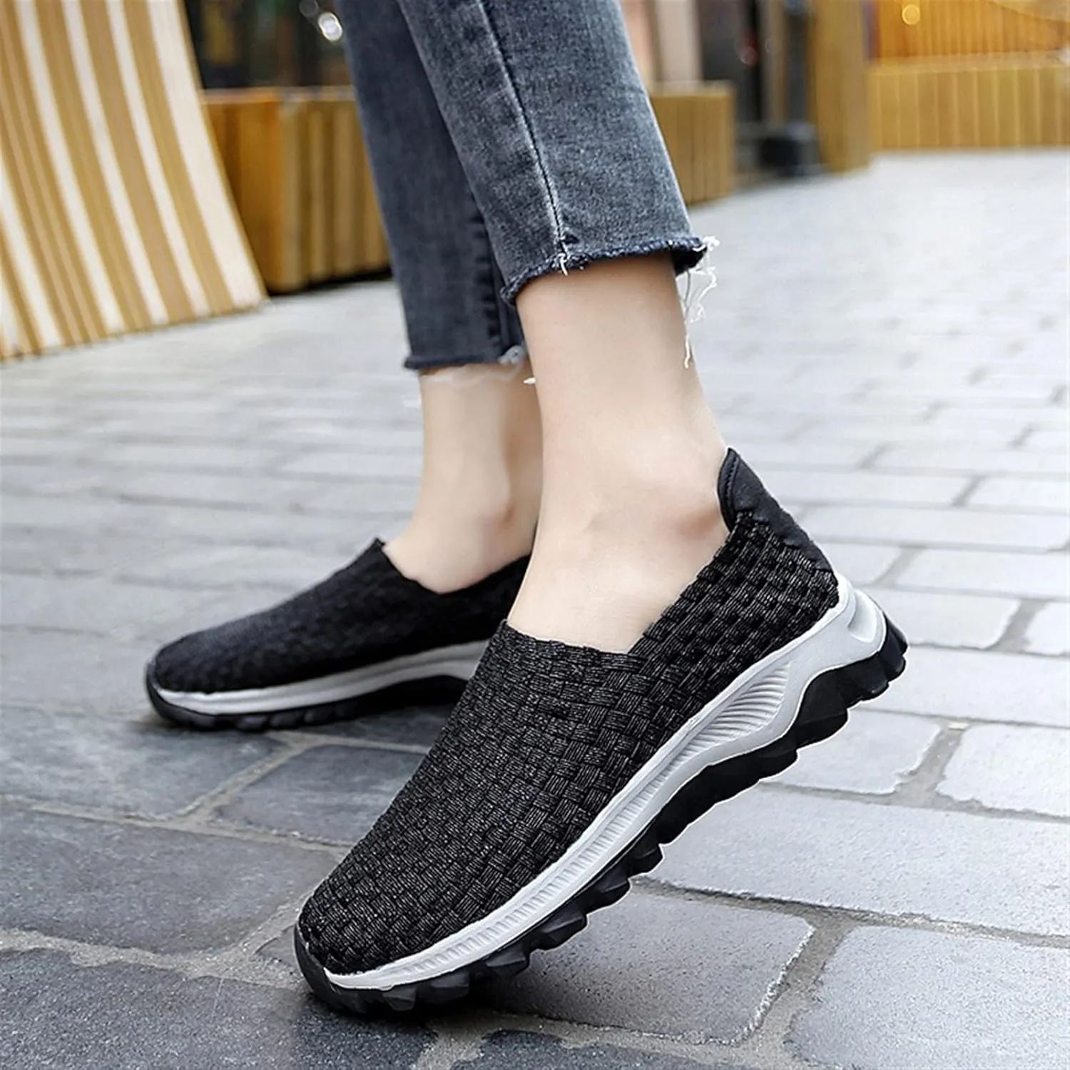 Liup Women's Elastic Woven Walking Shoes Slip on Sneakers Lightweight Woven Flats with Stretchy Upper