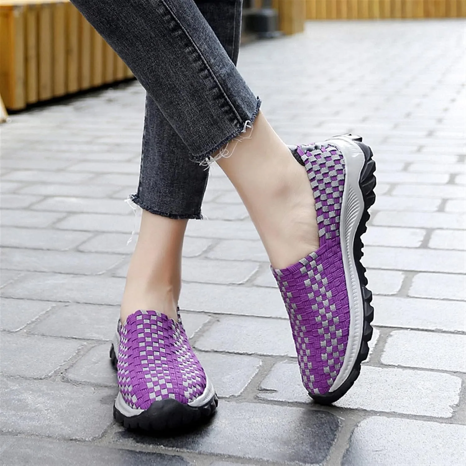 Liup Women's Elastic Woven Walking Shoes Slip on Sneakers Lightweight Woven Flats with Stretchy Upper