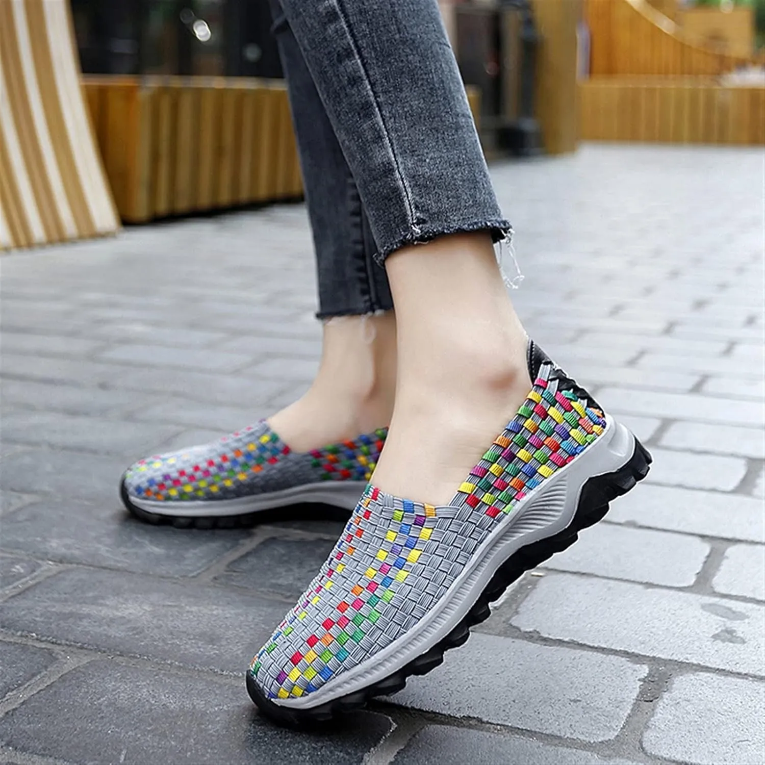 Liup Women's Elastic Woven Walking Shoes Slip on Sneakers Lightweight Woven Flats with Stretchy Upper