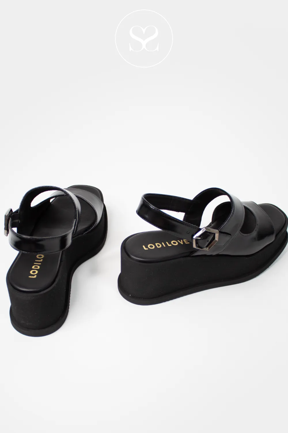LODI TUP5510 BLACK LEATHER WEDGE SUMMER SANDALS