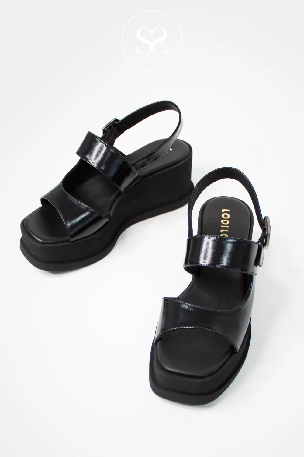 LODI TUP5510 BLACK LEATHER WEDGE SUMMER SANDALS