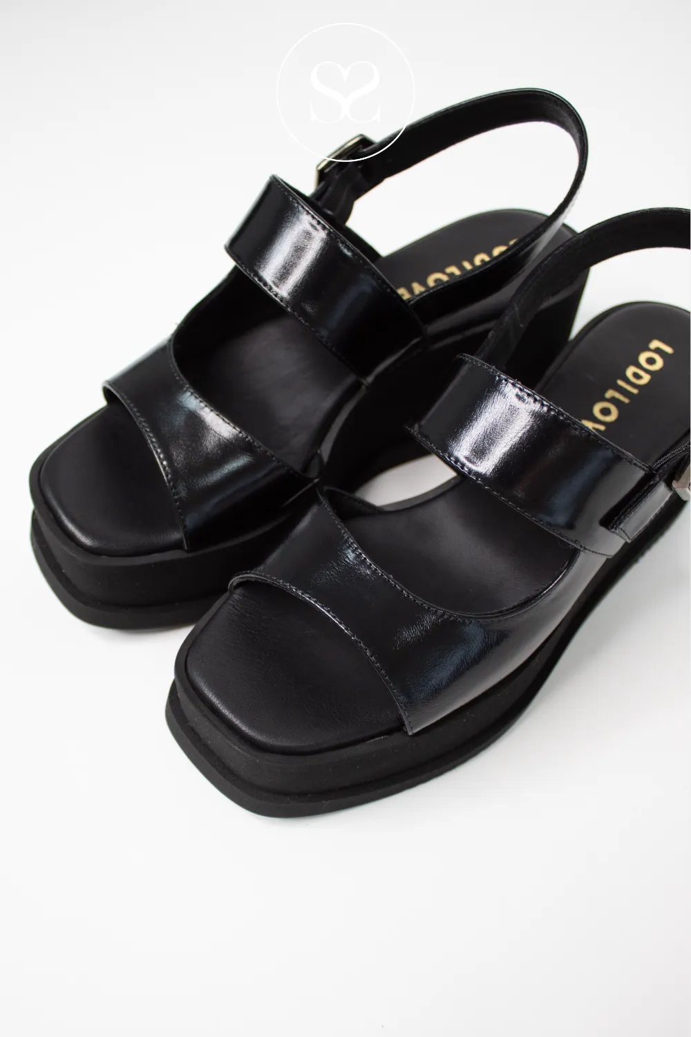 LODI TUP5510 BLACK LEATHER WEDGE SUMMER SANDALS