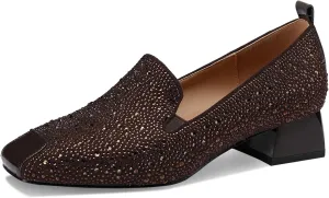 Low Heel Dress Shoes for Women 1 Inch Chunky Block Loafers Square Toe Closed Pumps Vintage Dressy Comfortable Zapatos Width Classy Rhinestone Crystal Formal Elegantes Pump