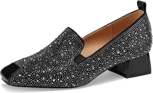 Low Heel Dress Shoes for Women 1 Inch Chunky Block Loafers Square Toe Closed Pumps Vintage Dressy Comfortable Zapatos Width Classy Rhinestone Crystal Formal Elegantes Pump