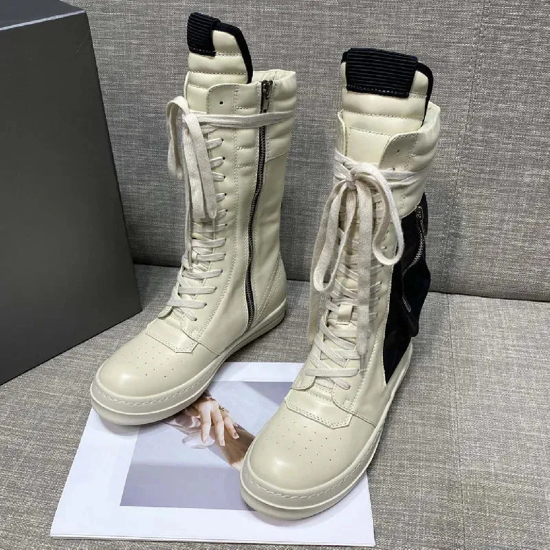 Luxury Mid-Calf  Women Winter  Casual Zip Flats Black Real Leather  Boots