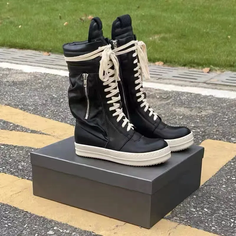 Luxury Mid-Calf  Women Winter  Casual Zip Flats Black Real Leather  Boots