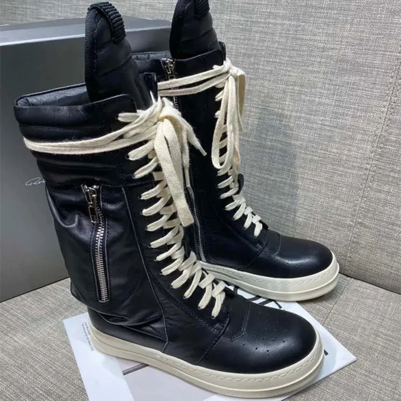 Luxury Mid-Calf  Women Winter  Casual Zip Flats Black Real Leather  Boots