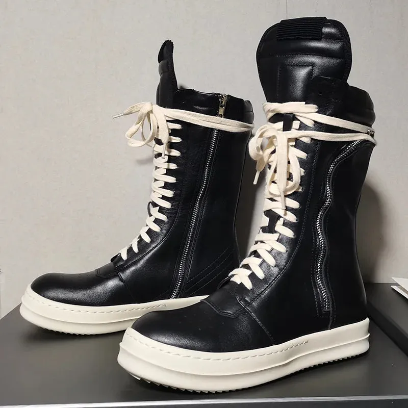 Luxury Mid-Calf  Women Winter  Casual Zip Flats Black Real Leather  Boots