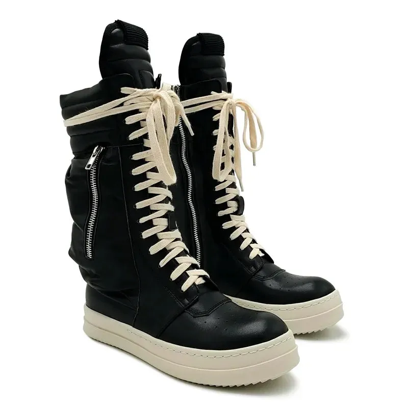 Luxury Mid-Calf  Women Winter  Casual Zip Flats Black Real Leather  Boots