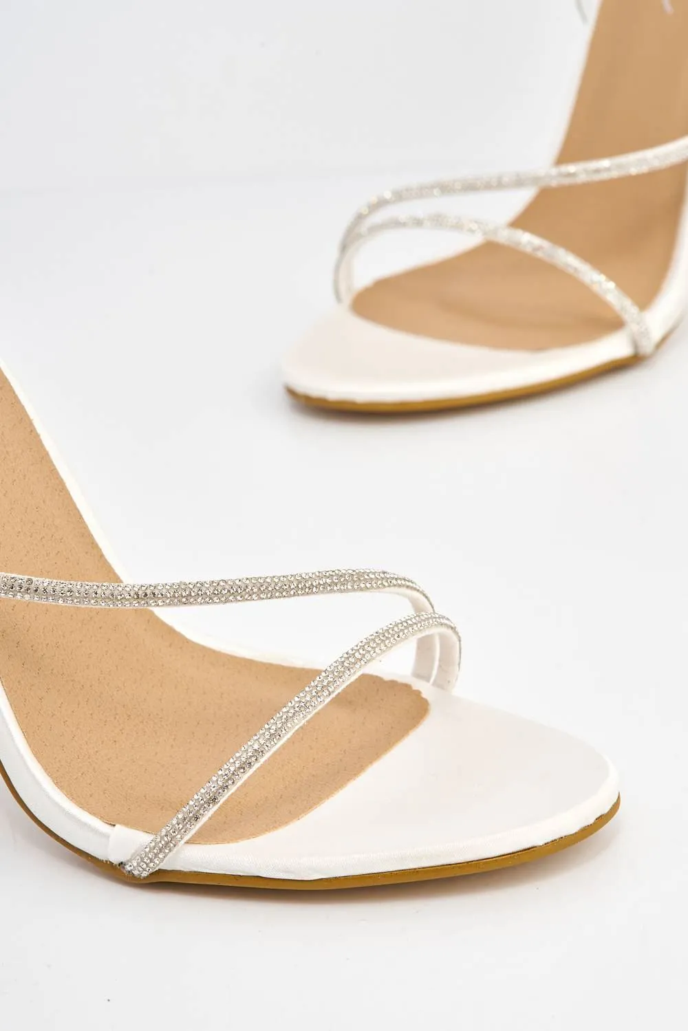 Melilla Diamante Straps Anklestrap Heeled Sandal in Ivory Satin