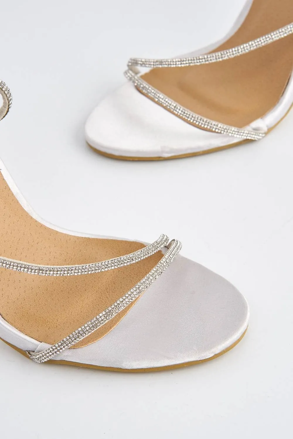 Melilla Diamante Straps Anklestrap Heeled Sandal in Silver Satin