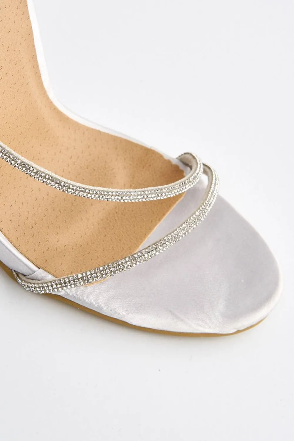 Melilla Diamante Straps Anklestrap Heeled Sandal in Silver Satin