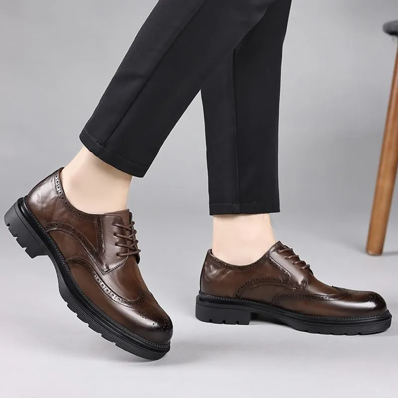 Men Leather Lace Up Platform Block Heel Business Oxford Shoes Men's Comfort Hand Stitched Formal Derby Shoes