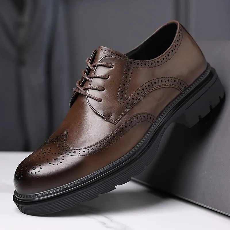 Men Leather Lace Up Platform Block Heel Business Oxford Shoes Men's Comfort Hand Stitched Formal Derby Shoes