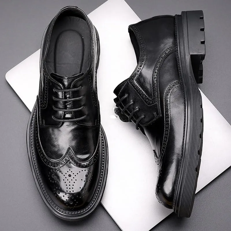 Men Leather Lace Up Platform Block Heel Business Oxford Shoes Men's Comfort Hand Stitched Formal Derby Shoes