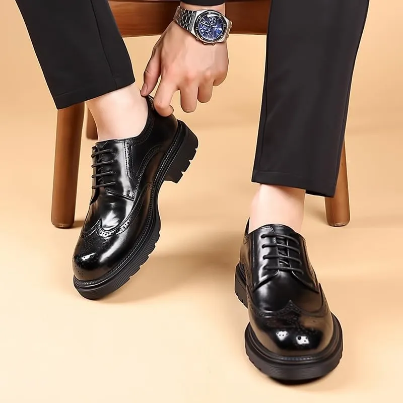 Men Leather Lace Up Platform Block Heel Business Oxford Shoes Men's Comfort Hand Stitched Formal Derby Shoes