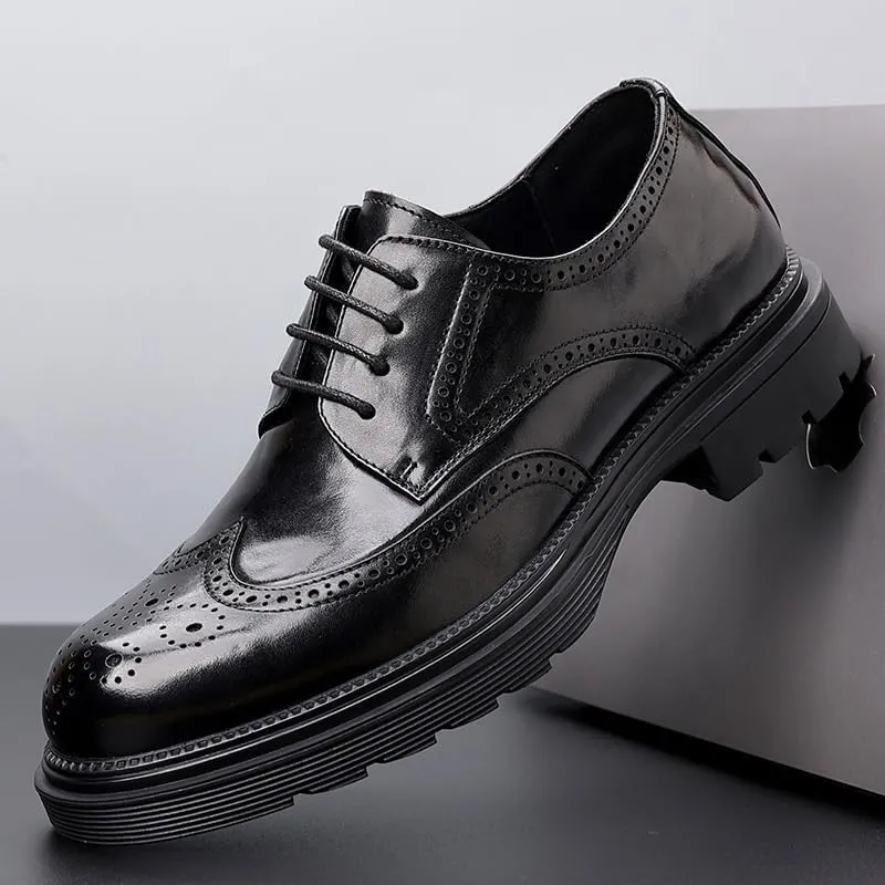 Men Leather Lace Up Platform Block Heel Business Oxford Shoes Men's Comfort Hand Stitched Formal Derby Shoes