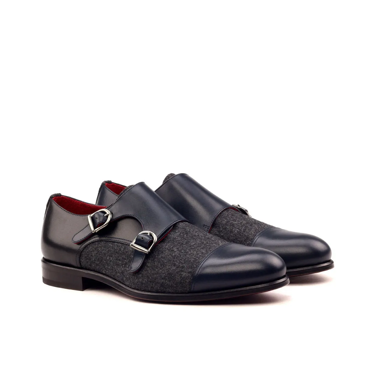 Men's Double Monk Leather Shoes Wide Plus Size Grey Black 2536