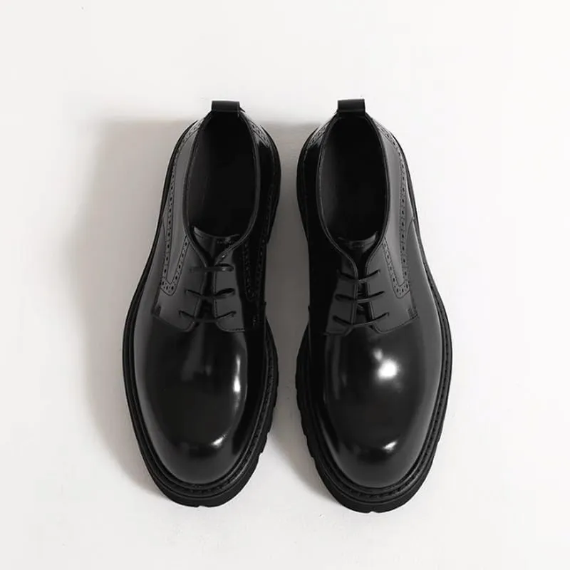Men's Genuine Leather Hand Stitched Dress Oxfords Luxury Round Toe Slip-On Lug Sole Office Business Dress Shoes