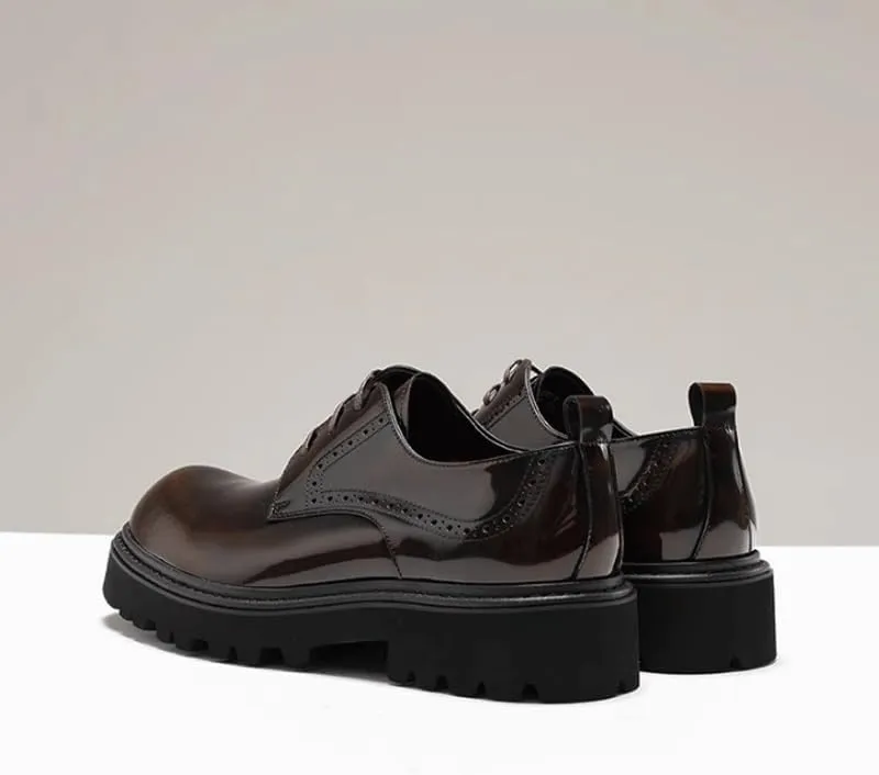 Men's Genuine Leather Hand Stitched Dress Oxfords Luxury Round Toe Slip-On Lug Sole Office Business Dress Shoes