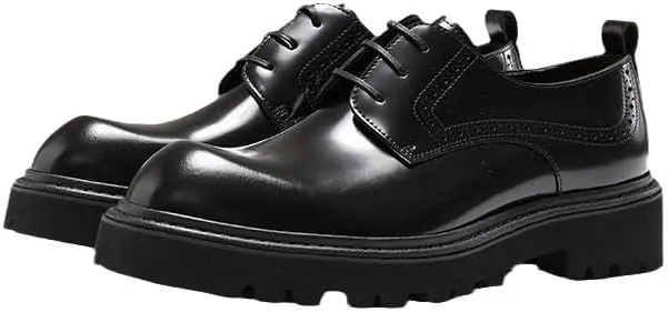 Men's Genuine Leather Hand Stitched Dress Oxfords Luxury Round Toe Slip-On Lug Sole Office Business Dress Shoes