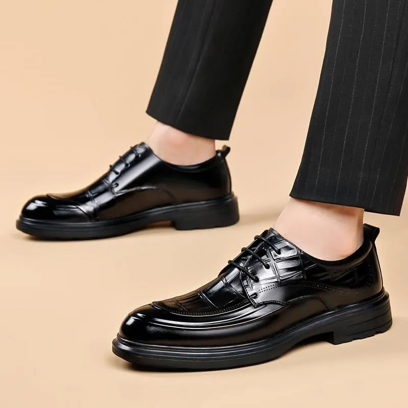 Men's Genuine Leather Hand Stitched Dress Oxfords Washed Demin Shoes Fashion Plain Toe Lace up Low Top