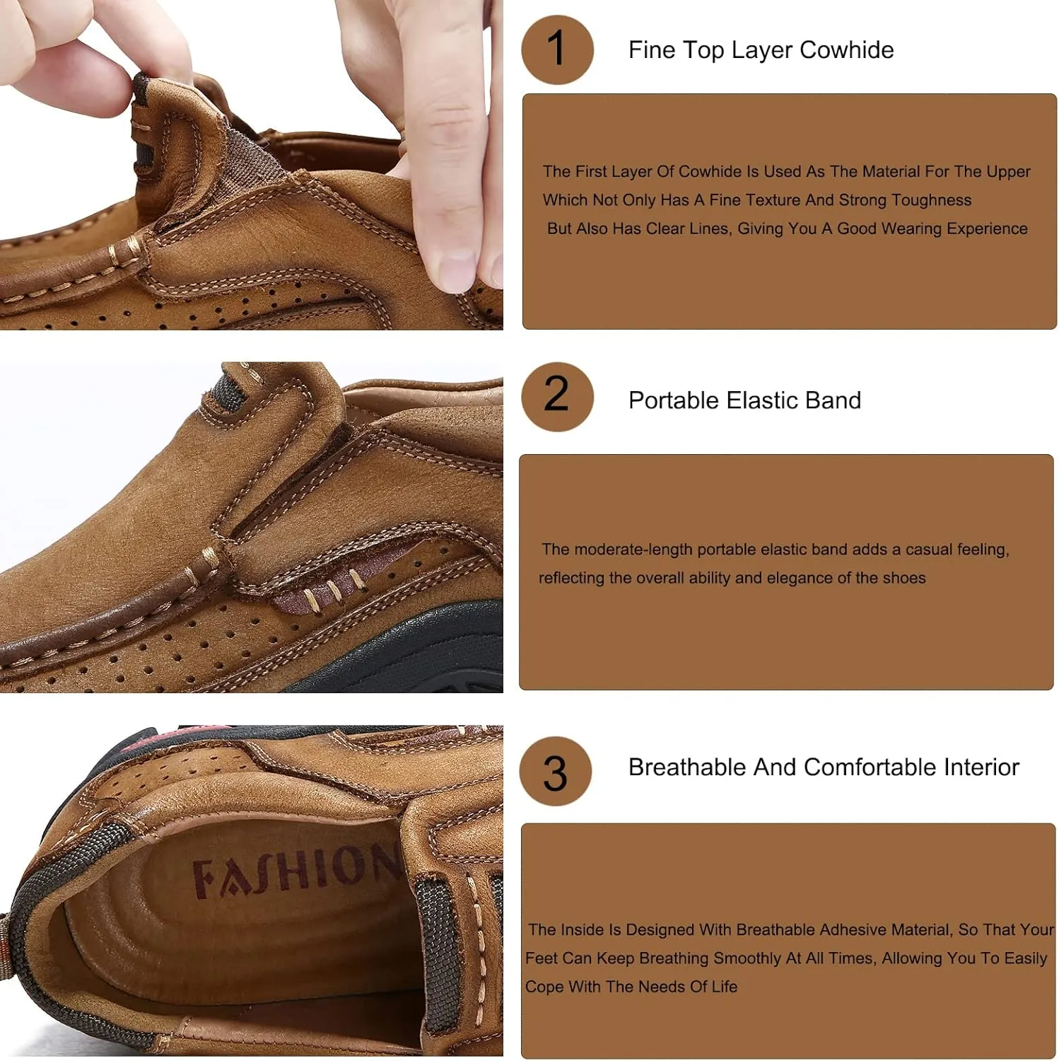 Men's Genuine Leather Hand Stitched Slip On Ankle Loafers,Vintage Non-Slip Arch Support Outdoor Hiking Driving Shoes